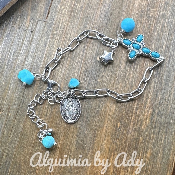 Cross Silver dainty turquoise adjustable chain bracelet/ minimalist - Picture 1 of 6
